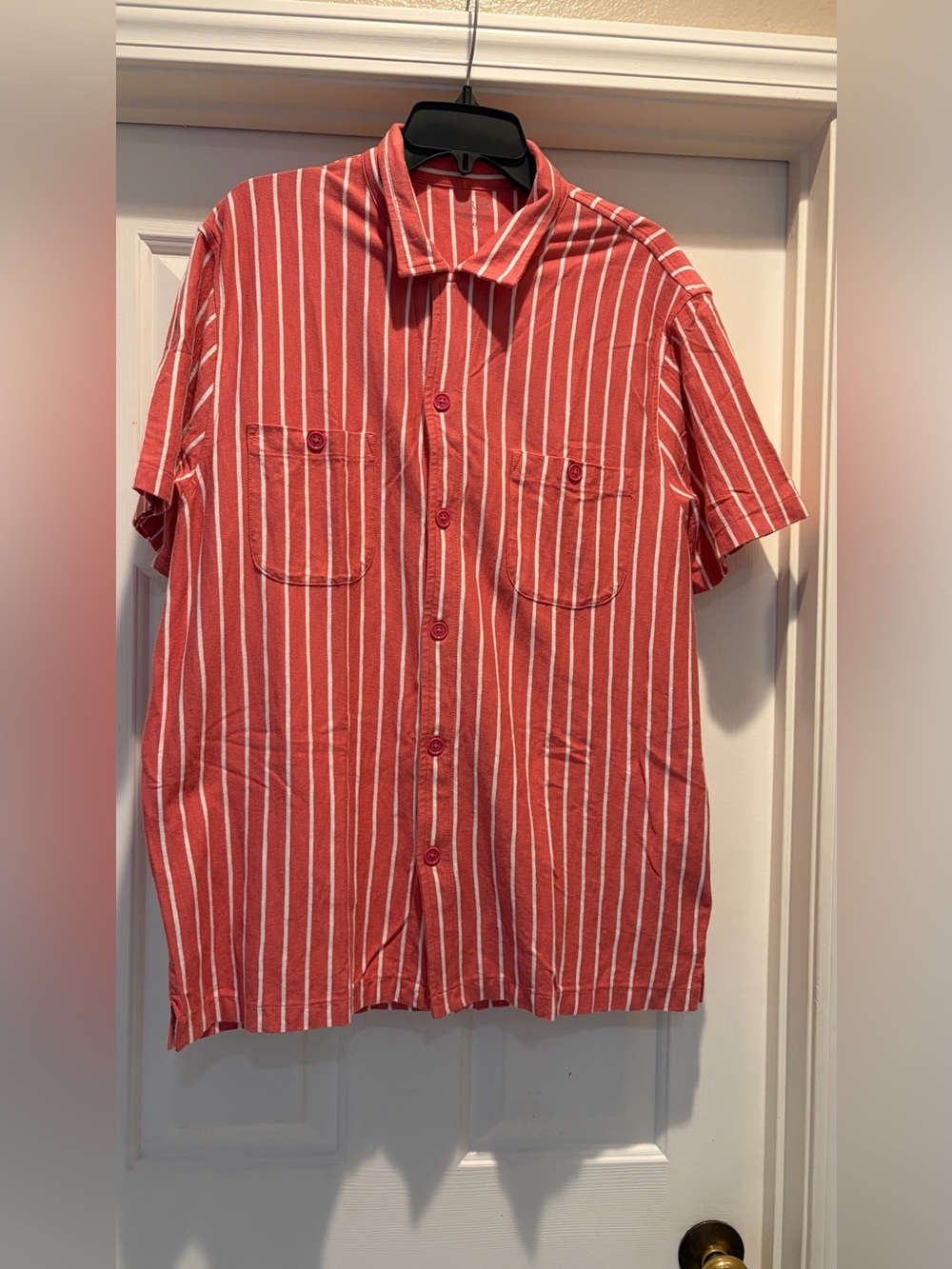 J. Crew peach and White Vertical-Stripe Short-Sleeve Button-Down Shirt